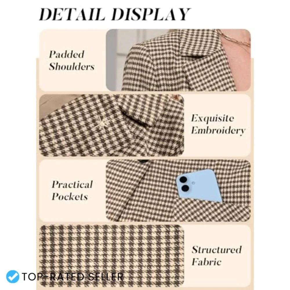 Plaid Blazer with Embroidered Collar Houndstooth Business Casual Office Jacket - Picture 4 of 7